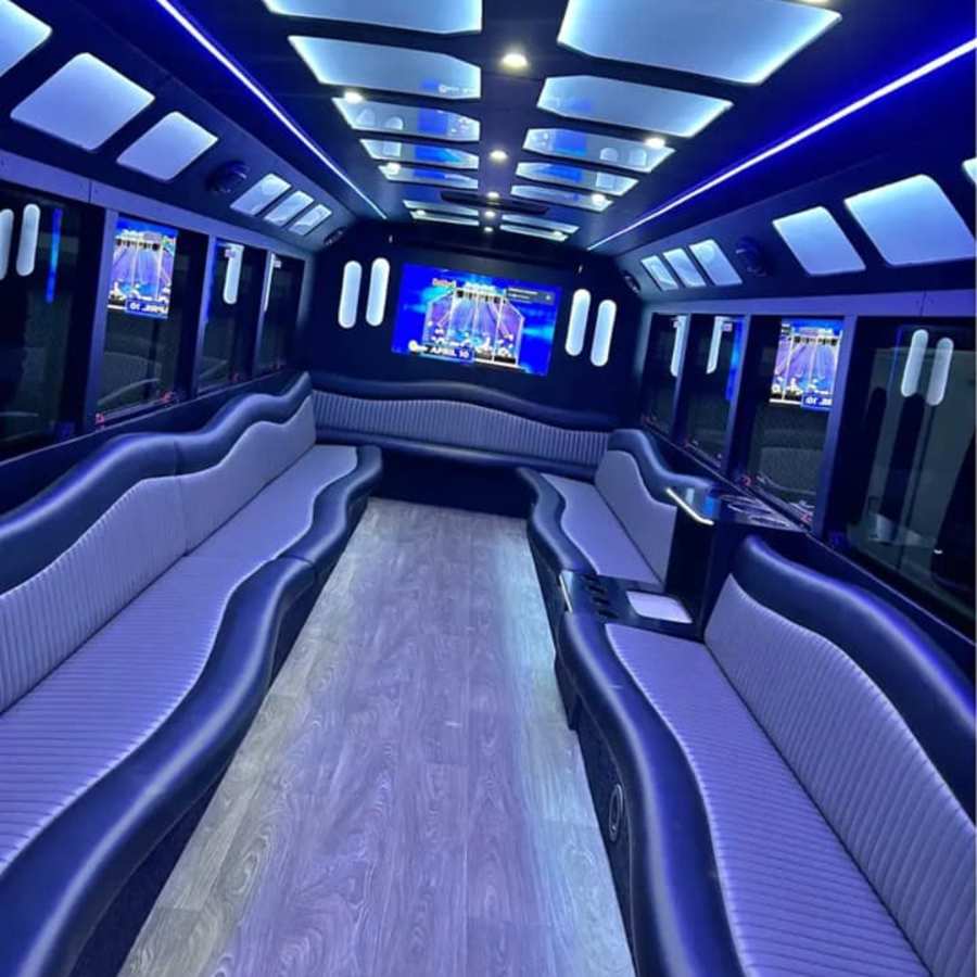 Party Limo Bus with LED Lights, Screens, Leather Seating