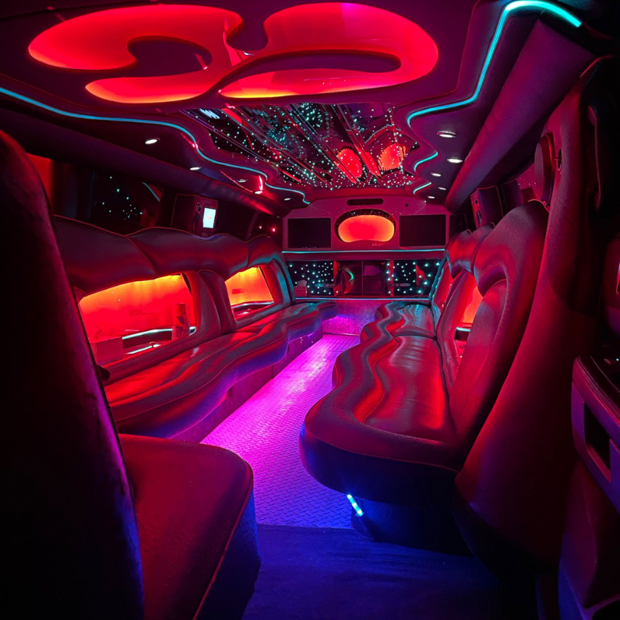 ambient red led lighting of a party bus