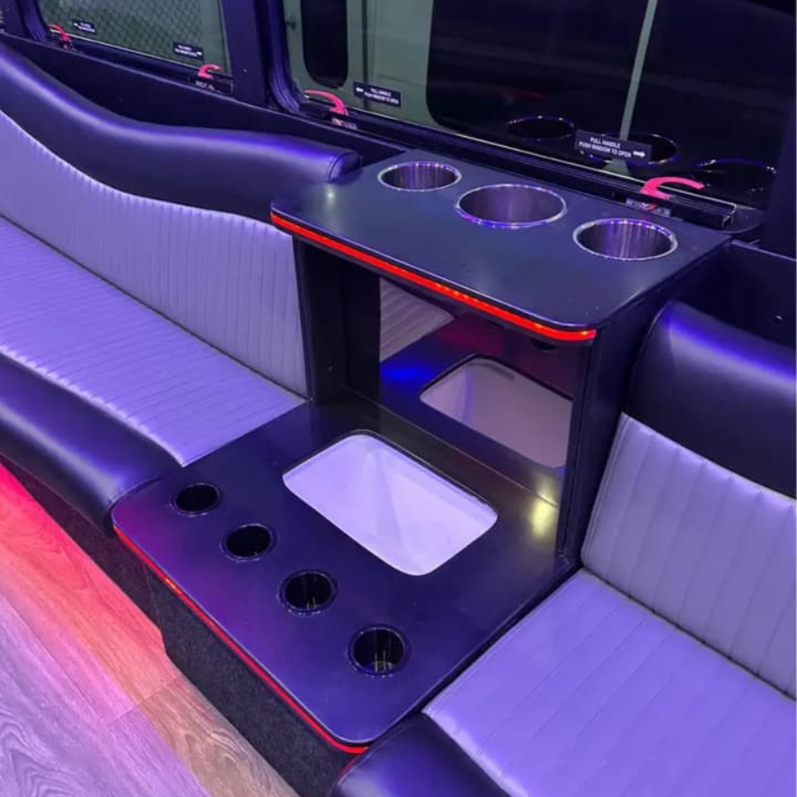 cup and bottle holder in a party bus