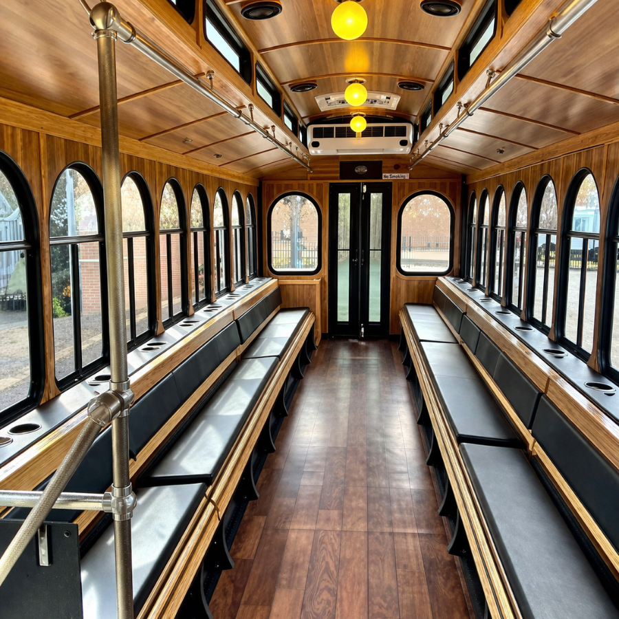 interior of a trolley for rent in chicago for tourists