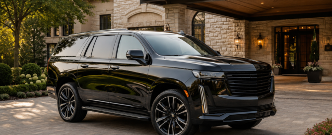 Luxury SUV Transportation in Chicago with a black premium SUV outside an upscale property