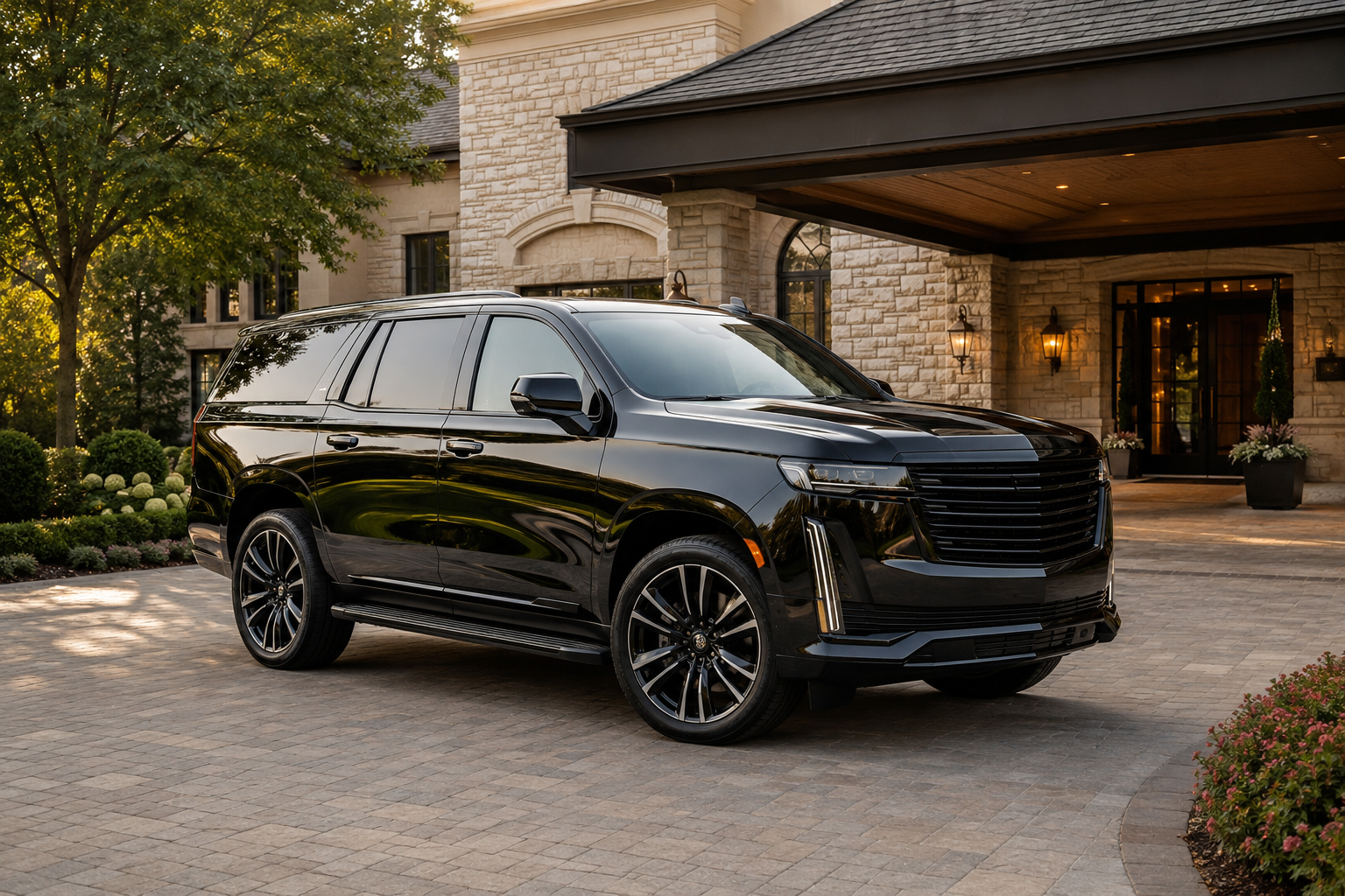 Luxury SUV Transportation in Chicago with a black premium SUV outside an upscale property