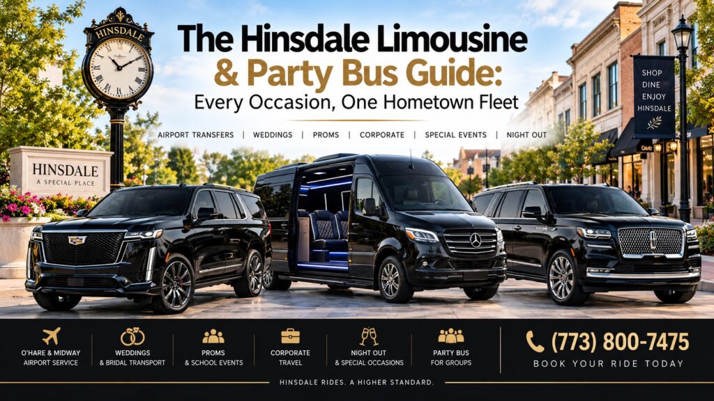 Hinsdale limousine and party bus guide by Oreos Limo — a black Cadillac Escalade, Mercedes Sprinter party bus with lit interior, and Lincoln Navigator parked in downtown Hinsdale beside the village clock, promoting airport transfers to O'Hare and Midway, weddings, proms, corporate travel, special events, and party buses for groups.