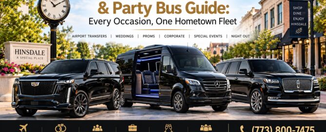 Hinsdale limousine and party bus guide by Oreos Limo — a black Cadillac Escalade, Mercedes Sprinter party bus with lit interior, and Lincoln Navigator parked in downtown Hinsdale beside the village clock, promoting airport transfers to O'Hare and Midway, weddings, proms, corporate travel, special events, and party buses for groups.