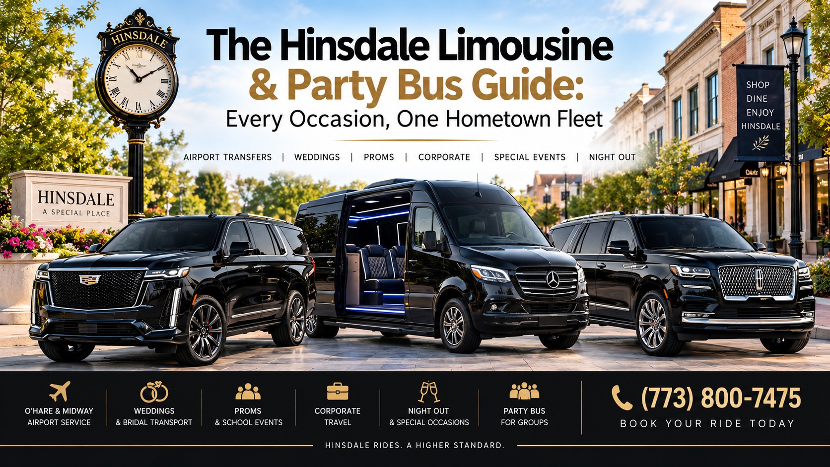 Hinsdale limousine and party bus guide by Oreos Limo — a black Cadillac Escalade, Mercedes Sprinter party bus with lit interior, and Lincoln Navigator parked in downtown Hinsdale beside the village clock, promoting airport transfers to O'Hare and Midway, weddings, proms, corporate travel, special events, and party buses for groups.