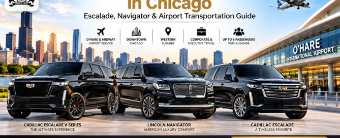Luxury SUV limo service in Chicago featuring Cadillac Escalade V-Series, Lincoln Navigator and Cadillac Escalade for O’Hare, Midway, downtown, executive travel and western suburbs.