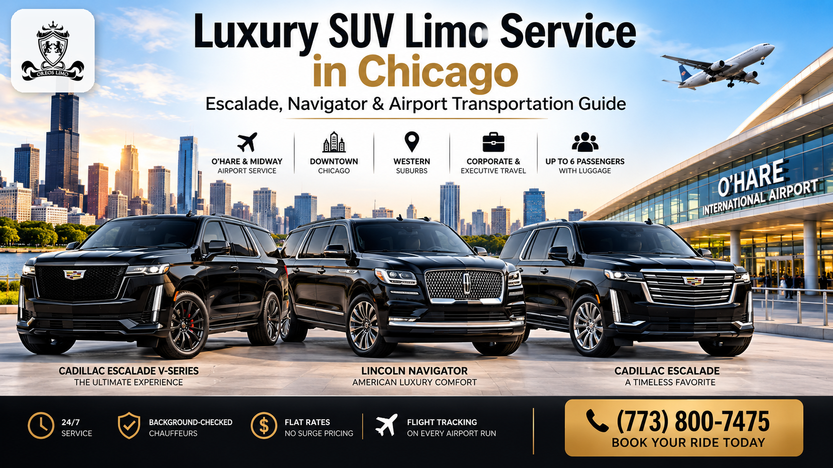 Luxury SUV limo service in Chicago featuring Cadillac Escalade V-Series, Lincoln Navigator and Cadillac Escalade for O’Hare, Midway, downtown, executive travel and western suburbs.