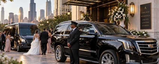 Chicago wedding guest limo service with a black luxury SUV, Mercedes Sprinter, professional chauffeur and wedding guests outside an elegant Chicago venue.