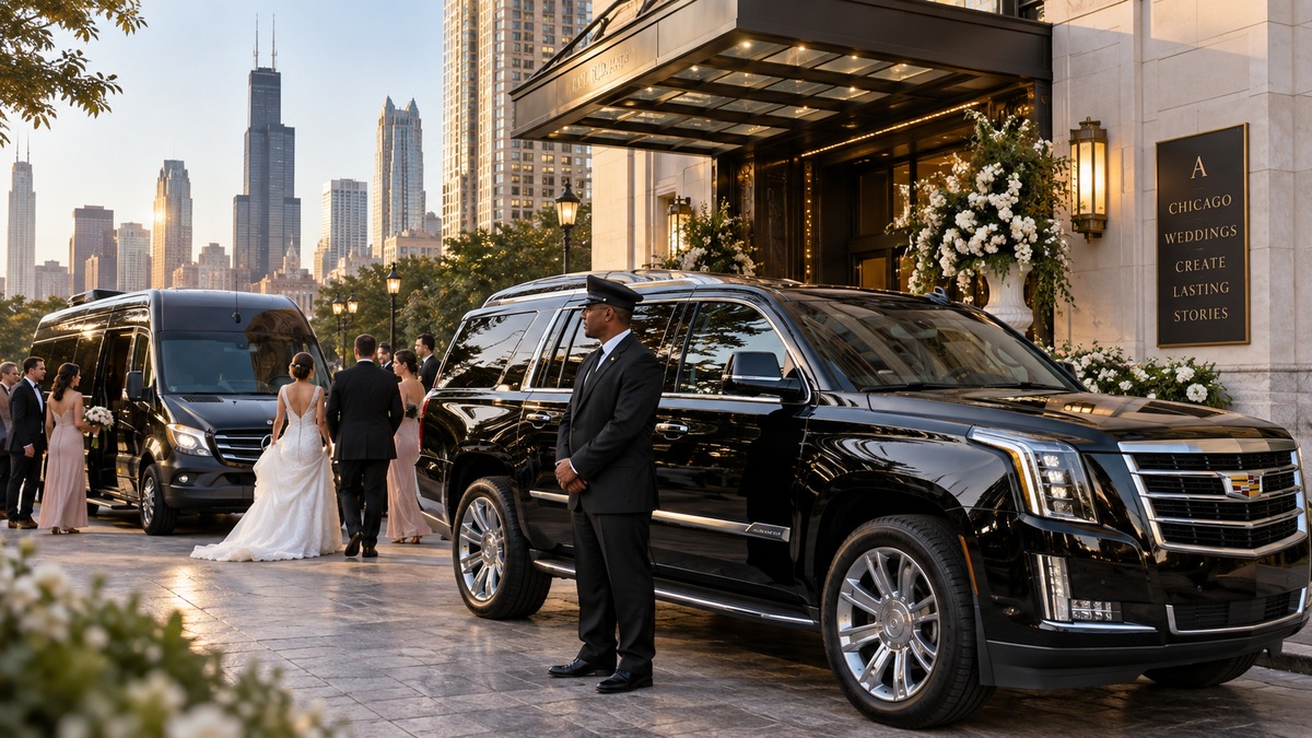 Chicago wedding guest limo service with a black luxury SUV, Mercedes Sprinter, professional chauffeur and wedding guests outside an elegant Chicago venue.