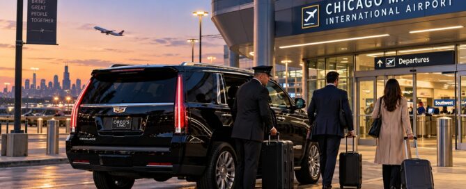 Early morning Midway Airport limo with a black luxury SUV, professional chauffeur and travelers arriving at Chicago Midway before sunrise.