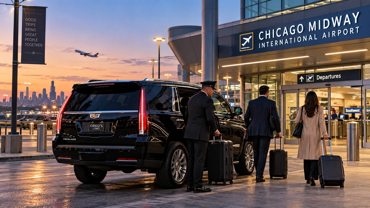 Early morning Midway Airport limo with a black luxury SUV, professional chauffeur and travelers arriving at Chicago Midway before sunrise.