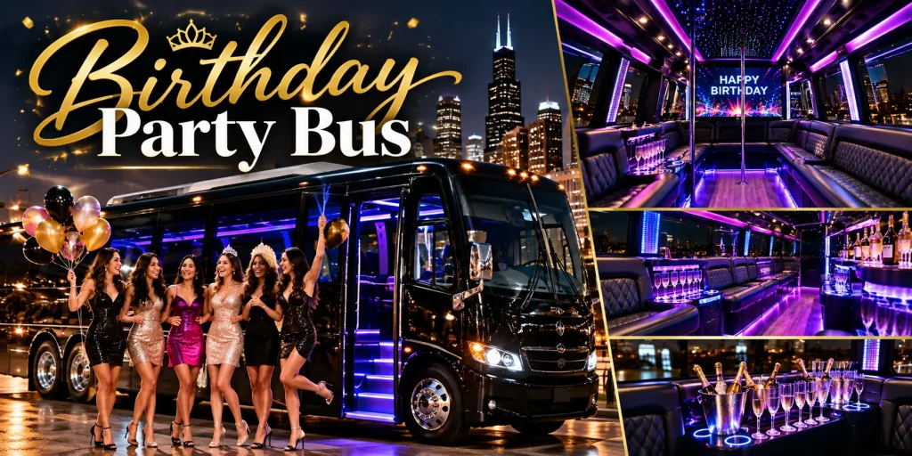 Luxury birthday party bus with vibrant purple LED lighting, a stylish interior, and friends celebrating against the Chicago skyline at night.