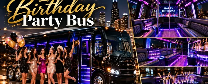 Luxury birthday party bus with vibrant purple LED lighting, a stylish interior, and friends celebrating against the Chicago skyline at night.