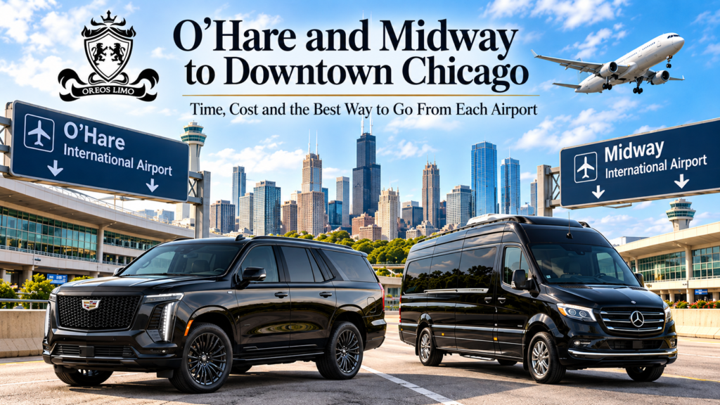 Oreos Limo 2026 Cadillac Escalade and Mercedes-Benz Sprinter providing luxury airport car service from O’Hare and Midway airports to Downtown Chicago.
