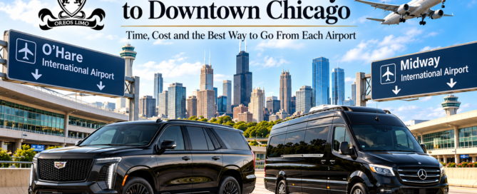 Oreos Limo 2026 Cadillac Escalade and Mercedes-Benz Sprinter providing luxury airport car service from O’Hare and Midway airports to Downtown Chicago.