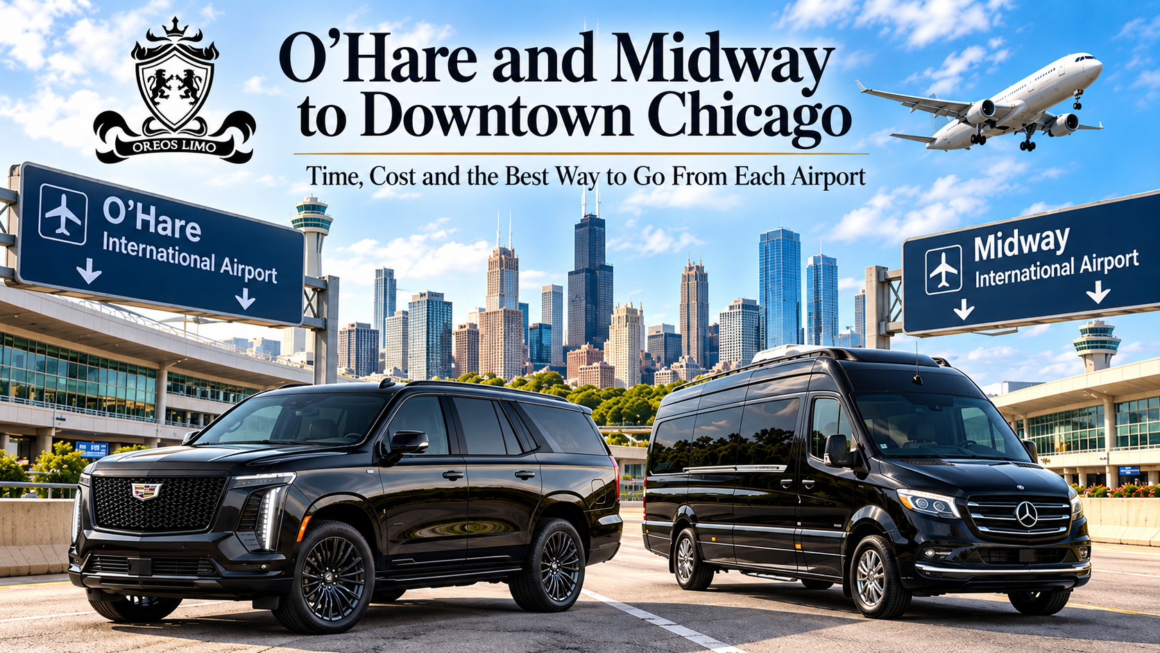 Oreos Limo 2026 Cadillac Escalade and Mercedes-Benz Sprinter providing luxury airport car service from O’Hare and Midway airports to Downtown Chicago.