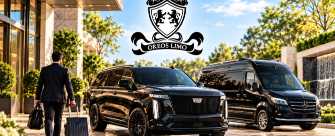 Oreo’s Limo executive limo service in Chicagoland featuring a black 2026 Cadillac Escalade and Mercedes-Benz Sprinter providing luxury corporate transportation, private chauffeur service, and business travel transfers.