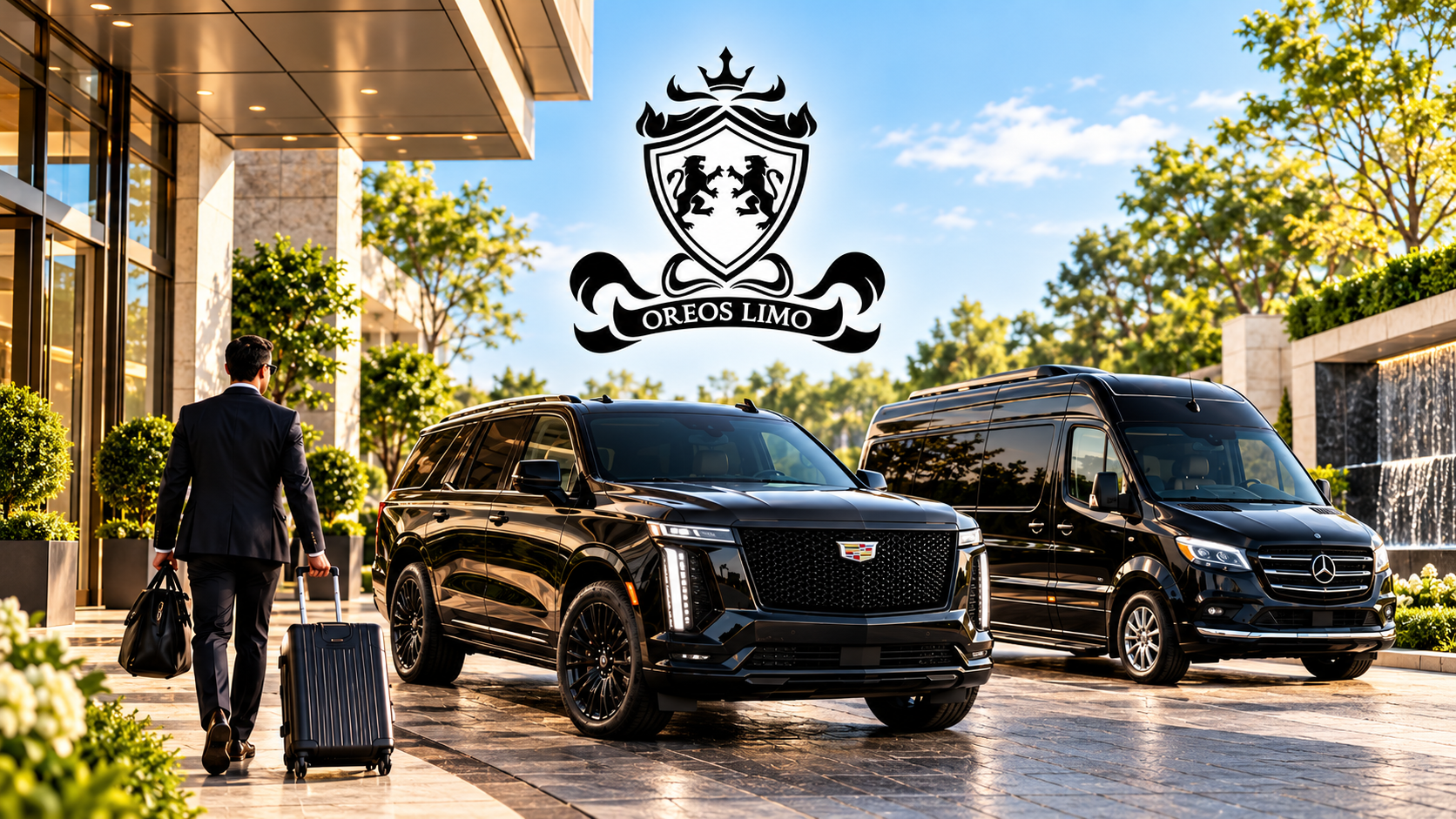 Oreo’s Limo executive limo service in Chicagoland featuring a black 2026 Cadillac Escalade and Mercedes-Benz Sprinter providing luxury corporate transportation, private chauffeur service, and business travel transfers.