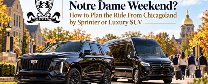 Oreo’s Limo luxury transportation from Chicagoland to South Bend, Indiana, featuring a black 2026 Cadillac Escalade and Mercedes-Benz Sprinter for Notre Dame football weekends, group travel, and private chauffeur service.