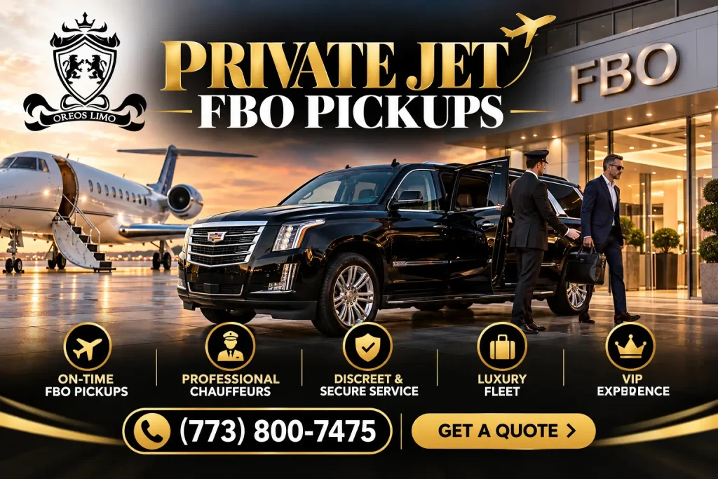 Oreos Limo private jet FBO pickup service featuring a black Cadillac Escalade SUV, private aircraft, professional chauffeur, and luxury airport terminal.