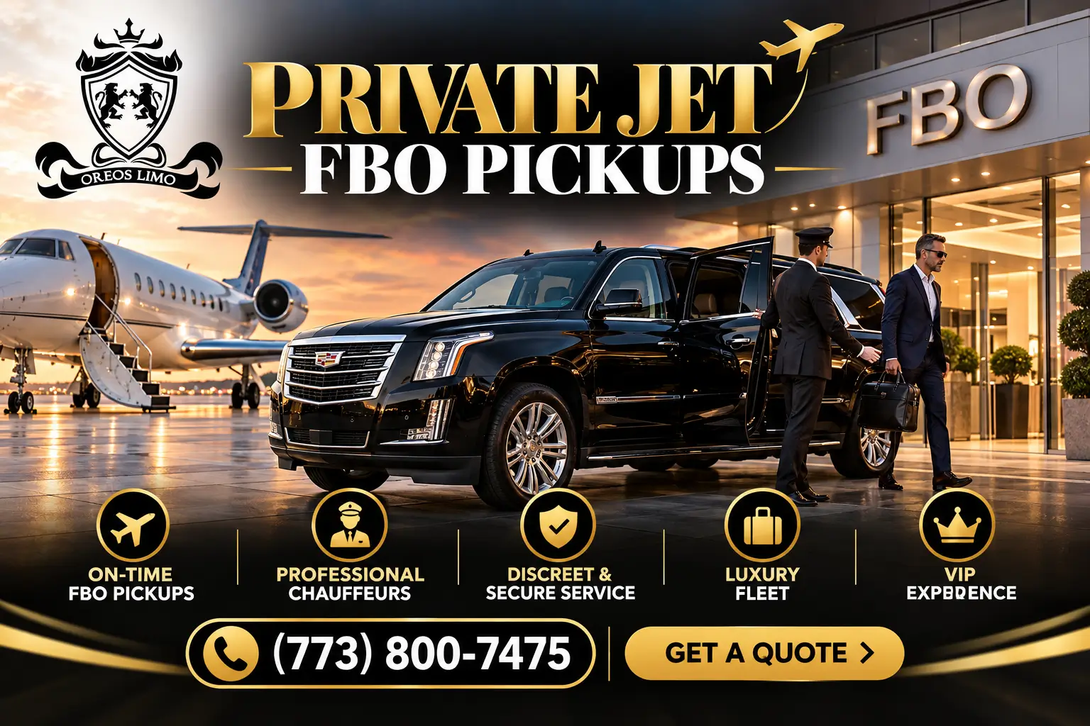 Oreos Limo private jet FBO pickup service featuring a black Cadillac Escalade SUV, private aircraft, professional chauffeur, and luxury airport terminal.