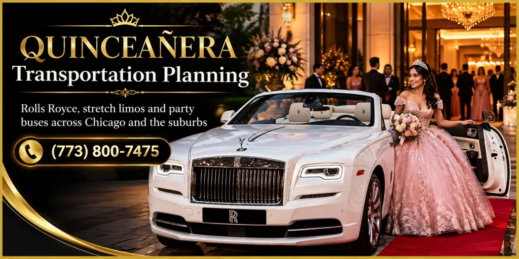 Quinceañera transportation planning featuring a luxury white Rolls-Royce convertible, a young woman in a pink ball gown, and elegant event transportation by Oreo’s Limo in Chicago. Call (773) 800-7475.