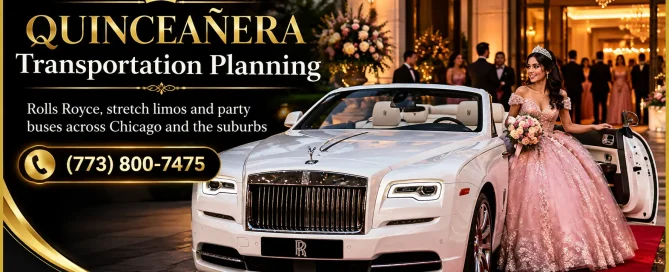 Quinceañera transportation planning featuring a luxury white Rolls-Royce convertible, a young woman in a pink ball gown, and elegant event transportation by Oreo’s Limo in Chicago. Call (773) 800-7475.