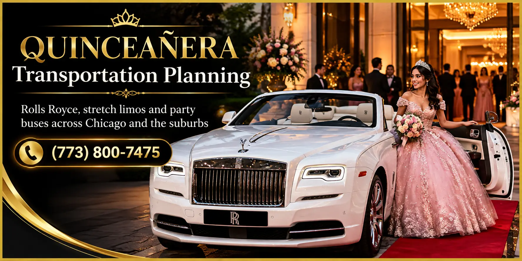 Quinceañera transportation planning featuring a luxury white Rolls-Royce convertible, a young woman in a pink ball gown, and elegant event transportation by Oreo’s Limo in Chicago. Call (773) 800-7475.