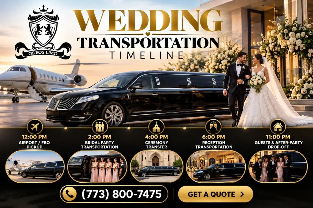Oreos Limo wedding transportation timeline featuring a black Lincoln MKT stretch limousine, wedding couple, and scheduled transportation for the bridal party, ceremony, reception, and after-party.
