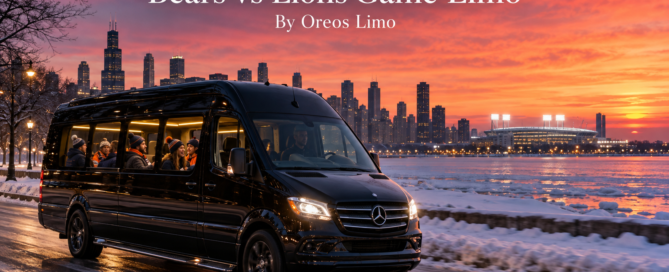 Bears vs Lions game limo with a black Mercedes Sprinter party bus driving along a snowy Chicago lakefront boulevard at sunset with stadium lights glowing ahead