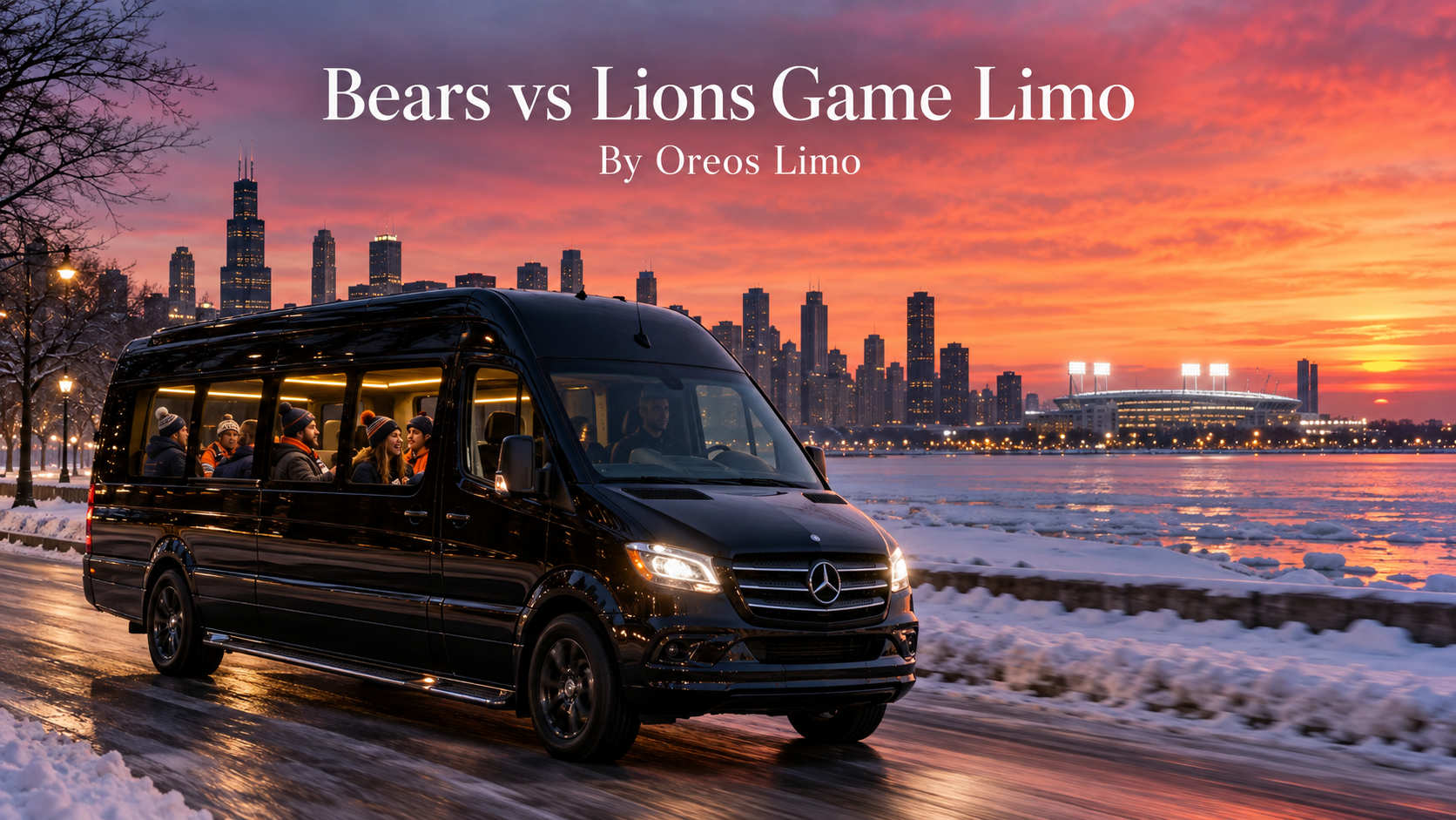 Bears vs Lions game limo with a black Mercedes Sprinter party bus driving along a snowy Chicago lakefront boulevard at sunset with stadium lights glowing ahead