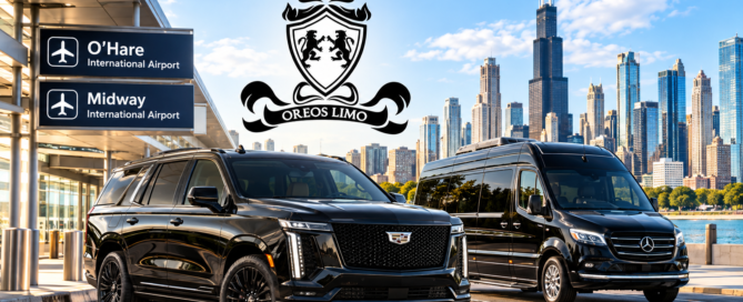 Oreo’s Limo luxury black Cadillac Escalade and Mercedes-Benz Sprinter in Downtown Chicago, representing professional limousine, chauffeur, and black car services throughout Chicagoland.