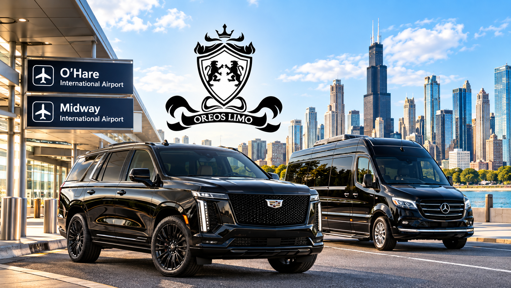 Oreo’s Limo luxury black Cadillac Escalade and Mercedes-Benz Sprinter in Downtown Chicago, representing professional limousine, chauffeur, and black car services throughout Chicagoland.