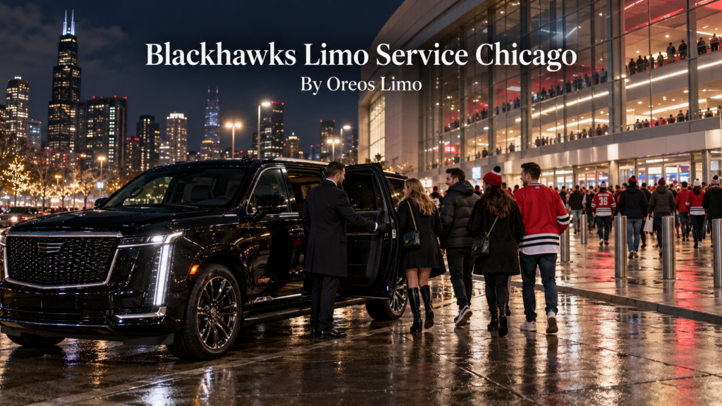 Blackhawks limo service Chicago with a black Cadillac Escalade and chauffeur dropping off fans outside the United Center on a game night