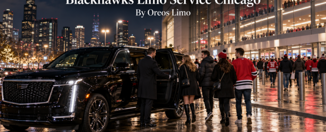 Blackhawks limo service Chicago with a black Cadillac Escalade and chauffeur dropping off fans outside the United Center on a game night