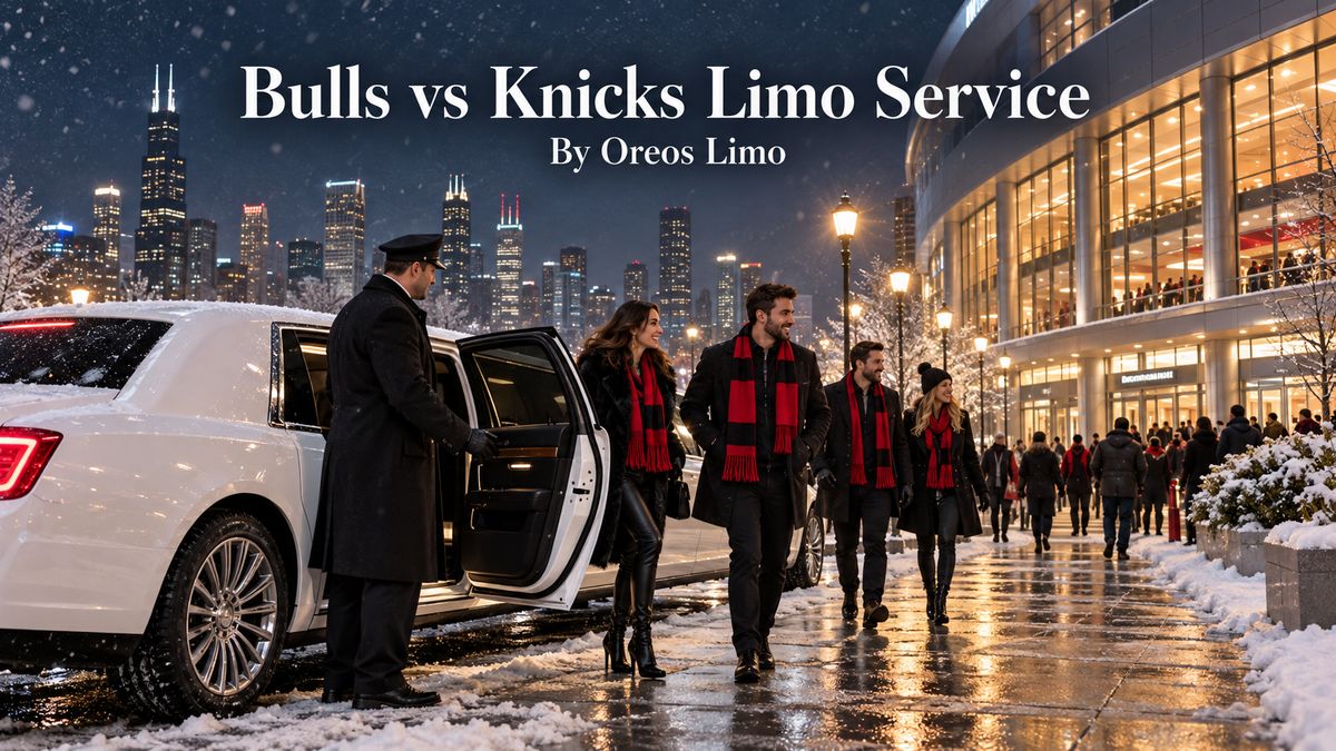 Bulls vs Knicks limo service with a white stretch limousine and chauffeur dropping off fans near the United Center on a snowy December game night