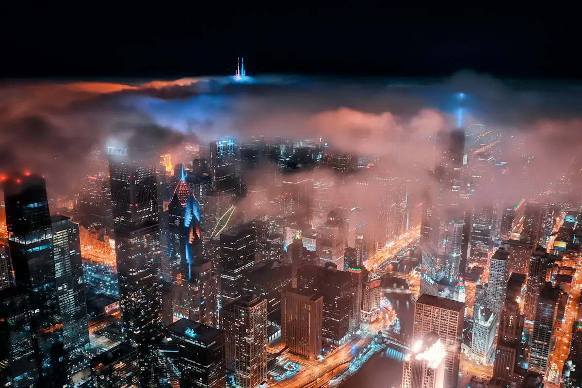 Chicago skyline in evening fog