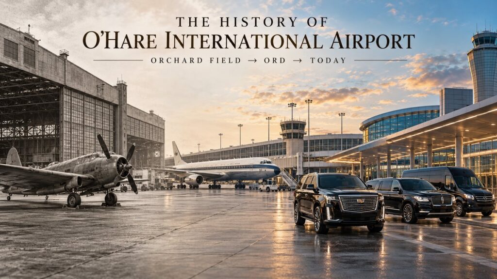 History of O’Hare International Airport from Orchard Field and early aviation to the modern Chicago airport and luxury ground transportation